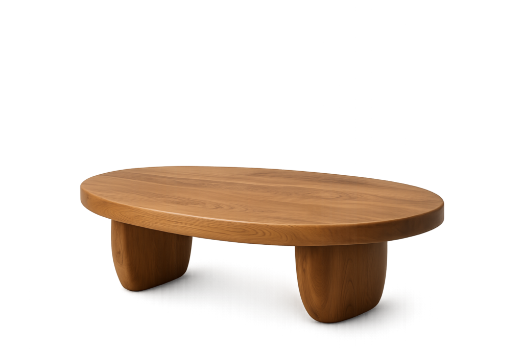 Premium organic solid teak coffee table with oval tabletop, sculptural monolithic legs, and Scandinavian Japandi design crafted from 100% solid teak wood.