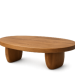 Premium organic solid teak coffee table with oval tabletop, sculptural monolithic legs, and Scandinavian Japandi design crafted from 100% solid teak wood.