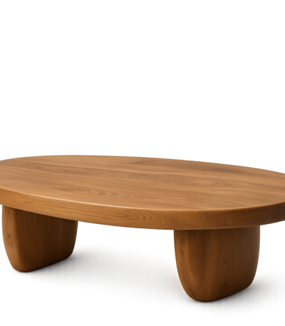 Premium organic solid teak coffee table with oval tabletop, sculptural monolithic legs, and Scandinavian Japandi design crafted from 100% solid teak wood.