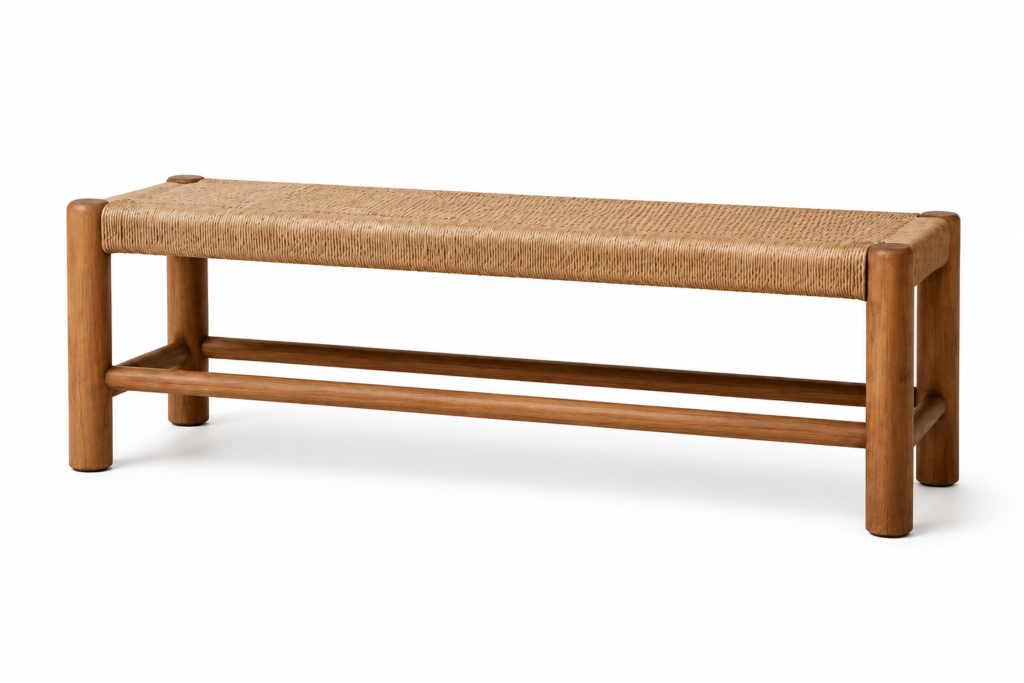 Premium Solid Teak Entry Bench with Handwoven Paper Cord Seat in Japandi Scandinavian Design