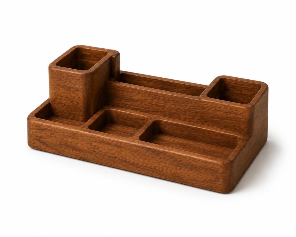 Premium solid teak wood desk organizer with minimalist modular compartments for pens, notes, business cards and office accessories. Handmade wooden office organizer by Jativo.