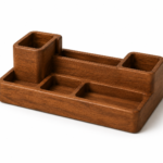 Premium solid teak wood desk organizer with minimalist modular compartments for pens, notes, business cards and office accessories. Handmade wooden office organizer by Jativo.