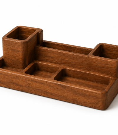 Premium solid teak wood desk organizer with minimalist modular compartments for pens, notes, business cards and office accessories. Handmade wooden office organizer by Jativo.