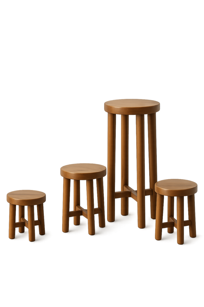 Premium solid teak plant stand set with Scandinavian Japandi design featuring three handcrafted wooden stands for indoor and outdoor plant display.